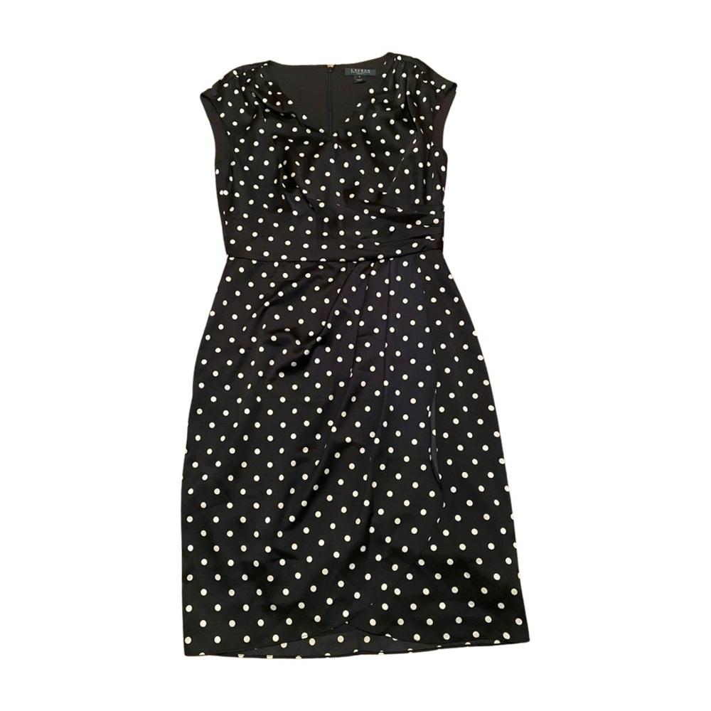 Lauren Ralph Lauren Blue White Polka Dot Sheath Midi Dress V-Neck - Picture 2 of 5